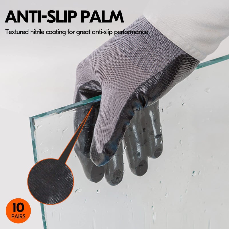 Vgo... 10-Pairs Safety Work Gloves, Gardening Gloves, Non-slip Nitrile coating, Dipping Gloves (Size XL, Gray, NT2110) - Image 4